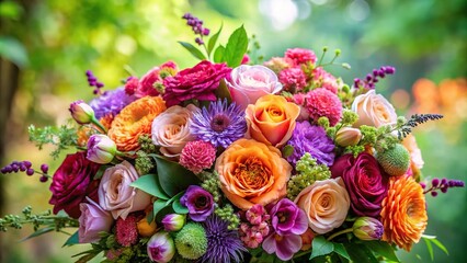 Obraz premium A beautiful bouquet of mixed flowers in shades of pink, purple, and orange with lush green leaves, purple, flower arrangement