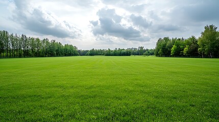 Obraz premium Expansive green field under a dramatic sky with wispy clouds and surrounding trees inviting peaceful reflection and nature appreciation