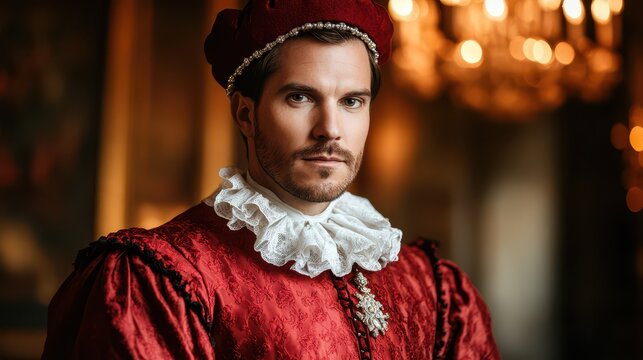 A regal man in a vibrant red outfit and elaborate collar, evoking the elegance of historical fashion in a luxurious setting.
