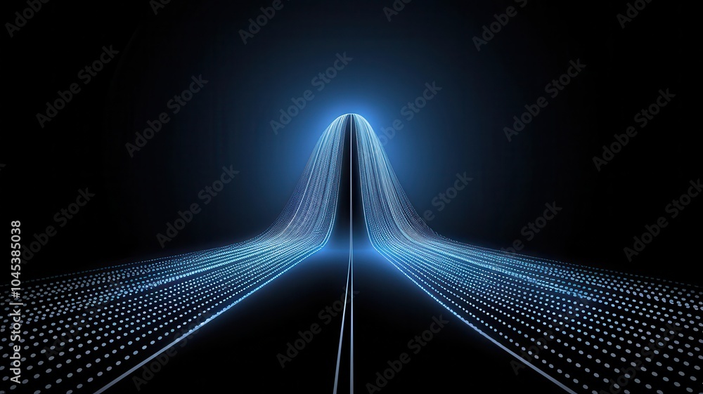 Poster a digital landscape with glowing blue particles flowing down a pathway, creating a futuristic and im