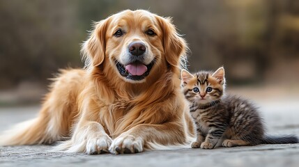 Tender Moment of Dog Sitting Quietly with Cat