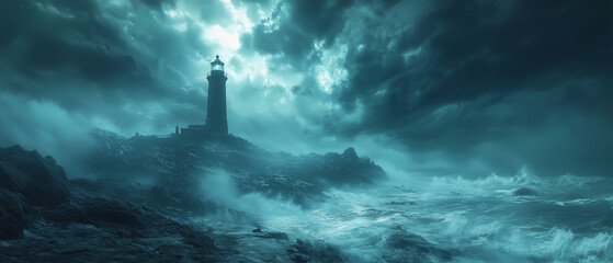Fototapeta premium A lone lighthouse standing on a rugged coastline, waves crashing against the rocks below, with a stormy sky overhead.