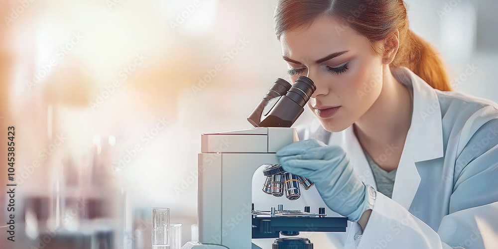 Poster young scientist woman working with microscope in a laboratory