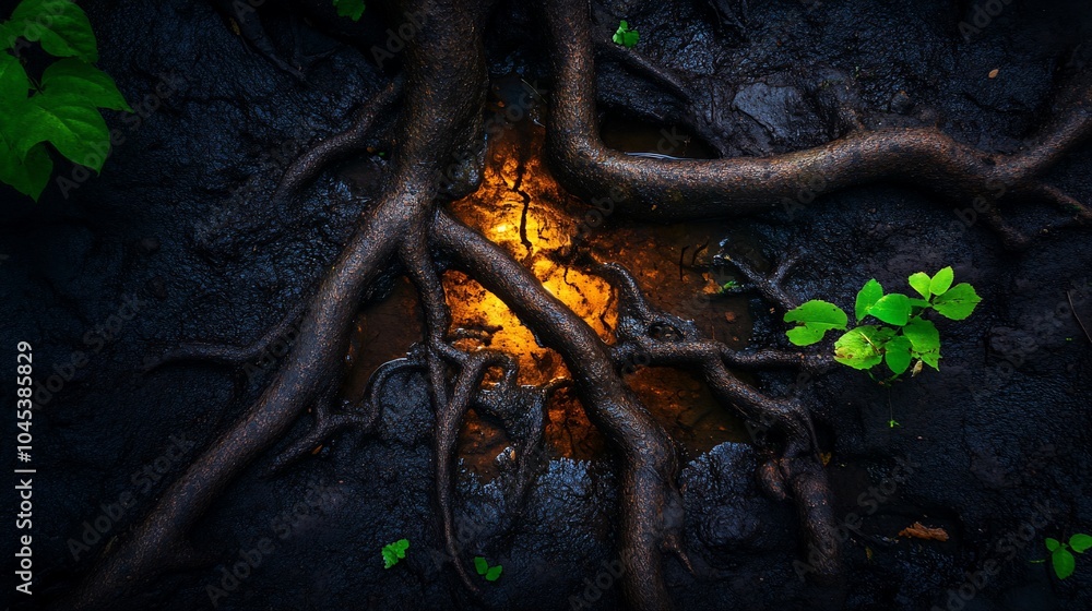 Poster tree roots intertwine in a puddle of water, creating a warm and inviting glow.
