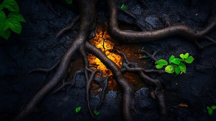 Fototapeta premium Tree roots intertwine in a puddle of water, creating a warm and inviting glow.