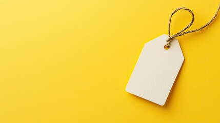 Blank price tag with string, hovering over a clean yellow background.