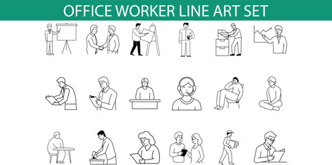 Fototapeta premium A set of line art illustrations depicting various office workers engaged in different tasks, including presentations, meetings, working on laptops, and taking breaks. The illustrations are in a sim