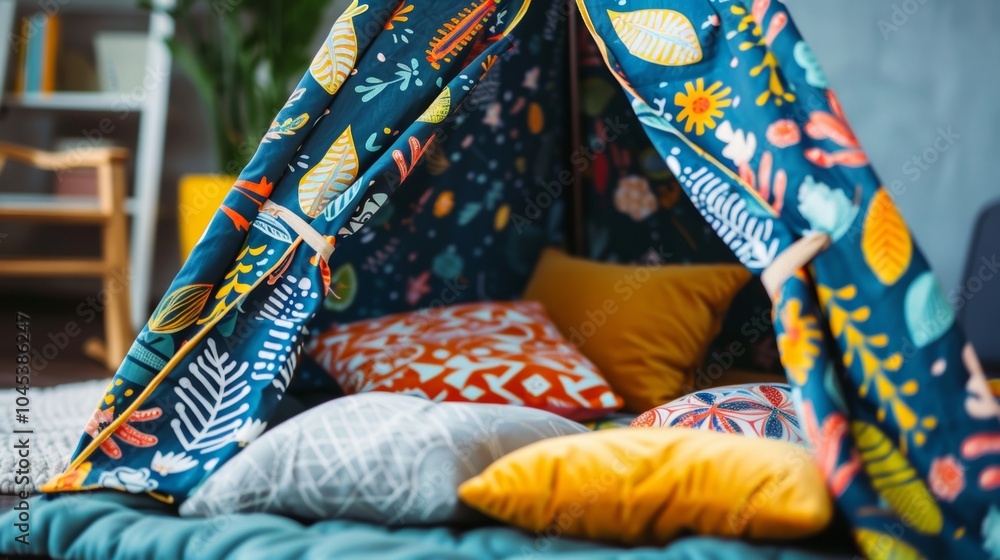 Poster colorful play tent with pillows on a playmat, creating a comfortable and stimulating environment for