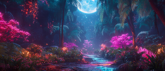 A futuristic jungle with neon-colored plants and wildlife, glowing under an alien moon.