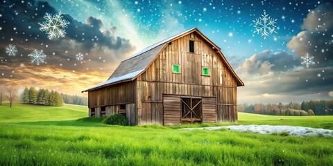 Obraz premium A beautifully decorated rustic wooden barn stands against a backdrop of snowflakes gently falling on a lush green meadow, festive atmosphere, evergreen trees