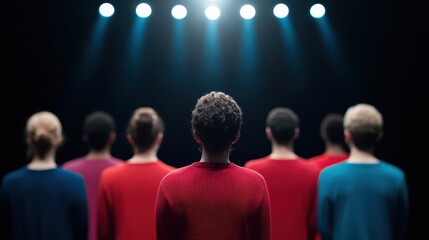 Group of individuals standing together on a stage under bright lights, showcasing unity and diversity in a performance setting.