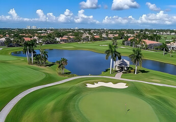 Neighbourhood Real Estate - Scenic golf course with a pond, palm trees, and well-maintained greens under a blue sky.