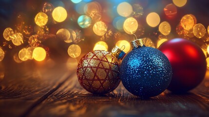 Colorful Christmas ornaments resting on a wooden surface with soft glowing lights in the background during the holiday season