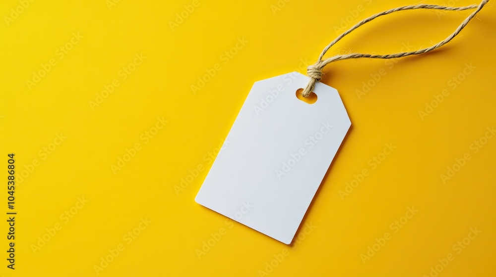 Wall mural blank white price tag floating on a bright yellow background, attached with string.