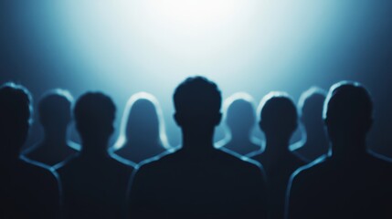 Silhouetted figures standing together in soft blue light, creating a mysterious and dramatic atmosphere in a group setting.