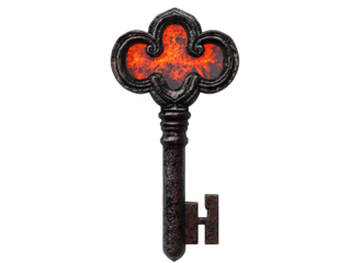 Vintage ornate key with fiery red design on white background., transparent background.