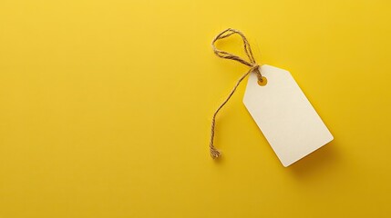 Blank white price tag tied with string, floating on a smooth yellow background.