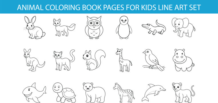 A set of 18 black and white line drawings of various animals, including a rabbit, fox, owl, penguin, crocodile, elephant, kangaroo, cat, squirrel, giraffe, bird, hippo, shark, turtle, polar bear, zebr