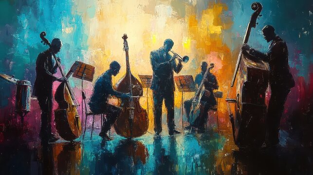 A vibrant jazz band silhouette playing melodic tunes against a colorful backdrop. Perfect for music lovers and artistic projects.
