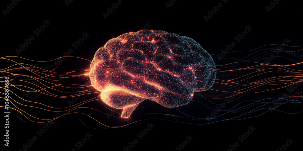 Poster polygonal brain generating waves, concept of artificial intelligence