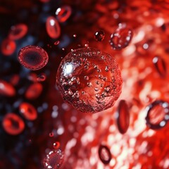 A longitudinal view of a blood vessel shows a large air bubble in the vessel, blocking the flow of red blood cells.