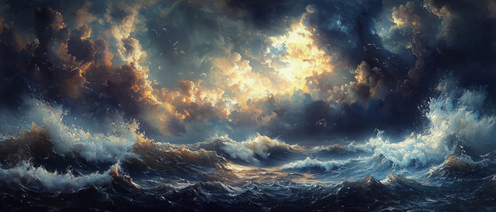 Obraz premium A stormy beach with crashing waves and dark clouds swirling overhead.