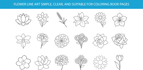 A collection of 18 simple flower line art illustrations, suitable for coloring book pages. Each flower is drawn in a clear, easytofollow style.