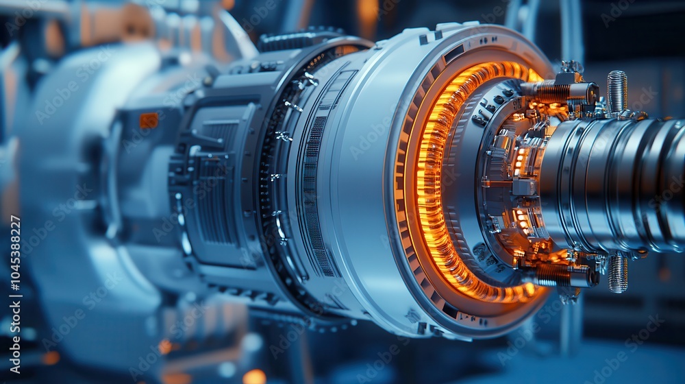 Poster a close-up view of a futuristic turbine engine showcasing intricate mechanical details and glowing e