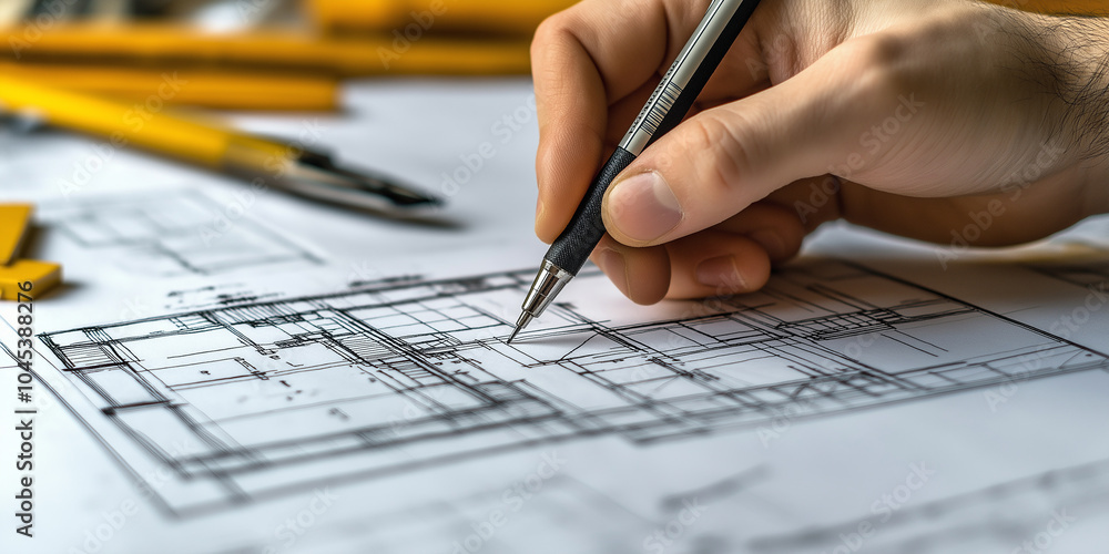 Poster architect drawing plans on blueprint using mechanical pencil