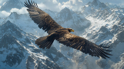 A lone, majestic eagle soaring over snowy mountain peaks under a clear, blue sky.