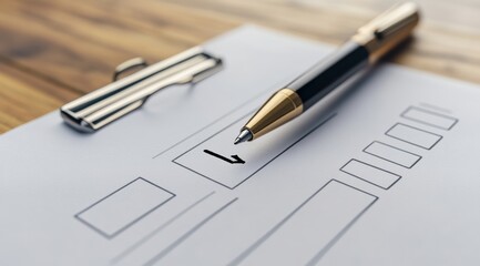  Close-up of a checklist on white paper with a pen, with focus on a black mark in a box and other blank boxes for filling out an application form
