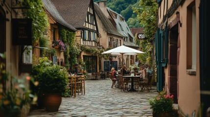 Charming street scene in a quaint village, featuring rustic cottages, outdoor seating, and lush greenery, perfect for peaceful retreats.