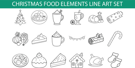 Fototapeta premium A collection of 18 Christmas foodthemed line art icons, including a Christmas tree, gingerbread house, turkey, candy cane, and more. Perfect for holiday designs.