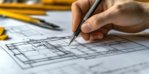 Architect drawing plans on blueprint using mechanical pencil
