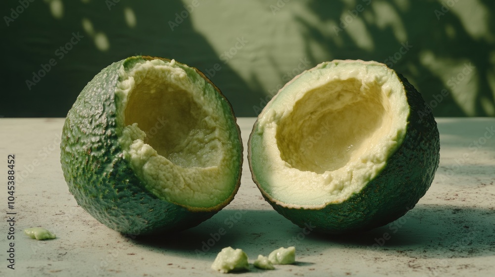 Poster two halves of an empty avocado shell on a white table.