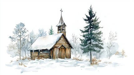 A serene winter scene featuring a rustic wooden church surrounded by snow-covered trees and a tranquil atmosphere.