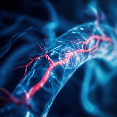 A longitudinal view of a blood vessel shows a large air bubble in the vessel, blocking the flow of red blood cells.