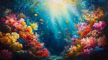Obraz premium A vibrant, colorful underwater coral reef, teeming with tropical fish and marine life.