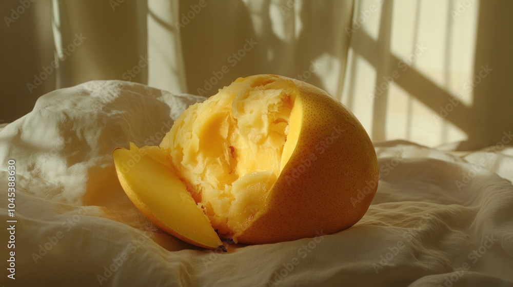 Poster a halved mango with a slice laying on white fabric with sunlight shining through the window.
