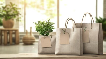 Set of eco-friendly shopping bags with sale tags, displayed with open space for promotional text