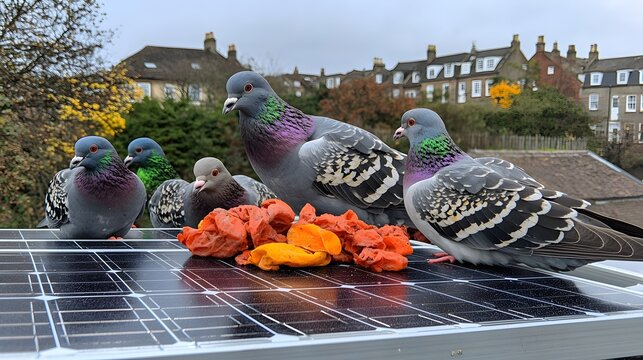Pigeon Droppings on Solar Panels: A rooftop covered in solar panels, marred by pigeon feces. The photovoltaic system’s efficiency is compromised. Copy space around the soiled panels. 