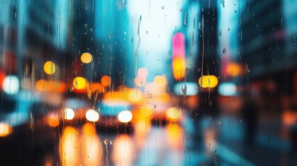 Rainy evening in a bustling city with blurred car lights and vibrant reflections on wet pavement...