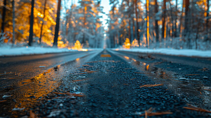Obraz premium Empty winter road through snowy forest. Beautiful winter landscape with a road covered by snow.
