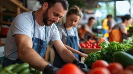 Two vendors working together at a vibrant market, sorting fresh vegetables and creating an inviting atmosphere for shoppers.