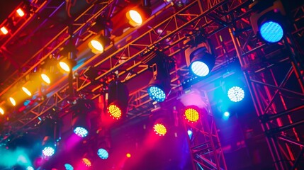 Vibrant stage lights illuminate metal scaffold, creating lively atmosphere for concert or event. Colorful beams add excitement to performance, perfect for festival, nightclub, or party setting