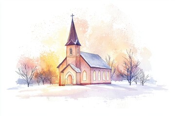 Beautiful winter scene featuring a charming old church surrounded by snowy landscape, creating a serene and peaceful atmosphere.