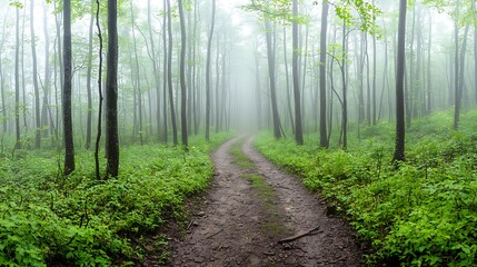 Obraz premium Misty path through enchanted forest a serene journey into nature's embrace and tranquility awaits you
