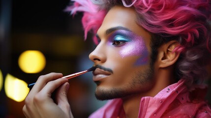 Obraz premium A makeup artist applies vibrant colors to a model with pink hair in a bustling urban environment during nighttime