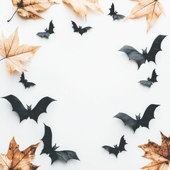Fototapeta premium A circular arrangement of black bats surrounded by autumn leaves on a light background, creating a spooky and seasonal atmosphere.