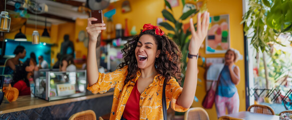 Fototapeta premium Cheerful young woman taking a selfie in a vibrant café